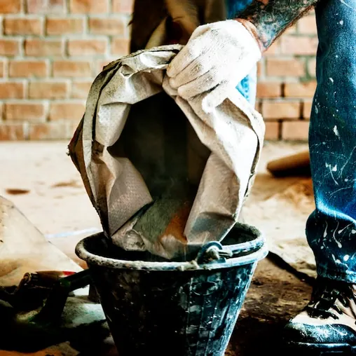 Meșter care golește un sac de amestec uscat într-o găleată, lângă un perete de cărămidă